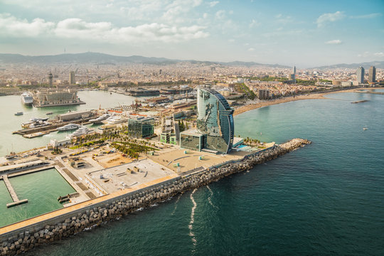 Barcelona aerial, skyline city panorama and the beach on sunny afternoon, Spain