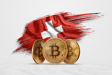 Crypto currency, gold coin BITCOIN BTC. Coin bitcoin against the background of the flag of...