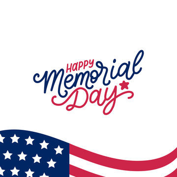 Happy Memorial Day handwritten phrase in vector. National american holiday illustration with USA flag.