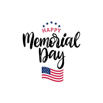 Happy Memorial Day handwritten phrase in vector. National american holiday illustration with USA flag.