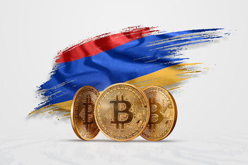 Crypto currency, gold coin BITCOIN BTC. Coin bitcoin against the background of the flag of Armenia. The concept a new currency, Blockchain Technology , a token. Mixed media