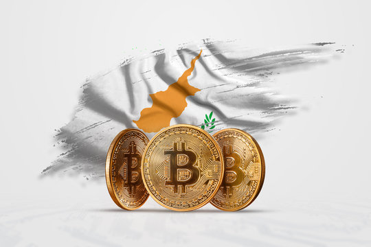 Crypto currency, gold coin BITCOIN BTC. Coin bitcoin against the background of the flag of Cyprus. The concept a new currency, Blockchain Technology , a token. Mixed media