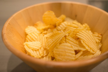 Potato Chips in Wooden Bowl