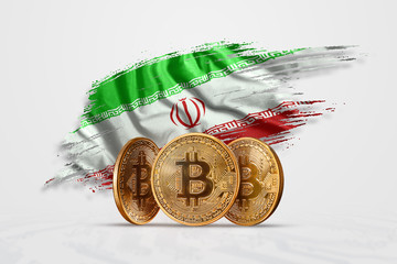 Crypto currency, gold coin BITCOIN BTC. Coin bitcoin against the background of the flag of Iran. The concept a new currency, Blockchain Technology , a token. Mixed media