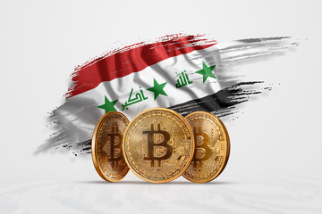 Crypto currency, gold coin BITCOIN BTC. Coin bitcoin against the background of the flag of Iraq. The concept a new currency, Blockchain Technology , a token. Mixed media