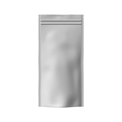 White foil or paper food stand up snack bag clipping path. Blank sachet packaging illustration. Vector isolated template