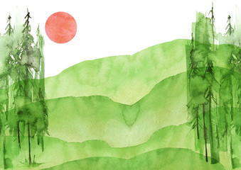 Watercolor silhouette of a coniferous forest. Green Pine, cedar, fir, larch. red, pink sunset. On white isolated background. © helgafo