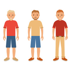 Set young men summer clothes in shorts,trousers,a shirt and in boots.Guy a beard and moustaches blonde and brunette.Character cartoon avatar social networks and mobile applications flat vector.