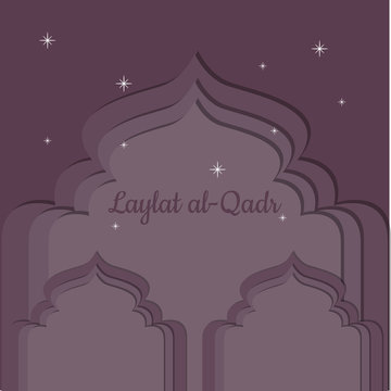 Laylat al-Qadr. Islamic religion holiday. Symbolic silhouette of the mosque. Bordeaux shades of color. Paper style