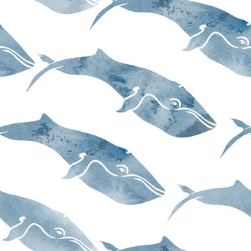watercolor whale seamless vector pattern