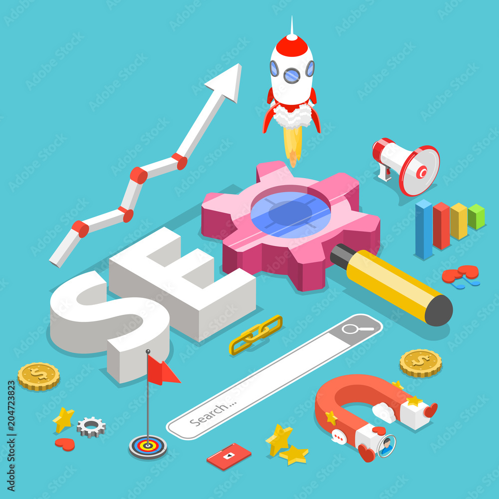 Poster seo. flat isometric vector concept of search engine optimization.