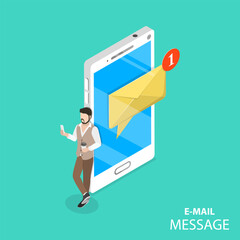 Mobile e-mail notification flat isometric vector concept. A man is browsing his new messages on its gadget standing beside the huge smartphone with notification about a one new message.