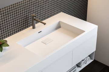 Black mosaic wall bathroom, double sink top view