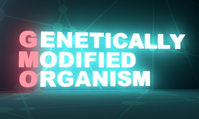 Acronym GMO - Genetically Modified Organism. Healthcare conceptual image. 3D rendering. Neon bulb illumination
