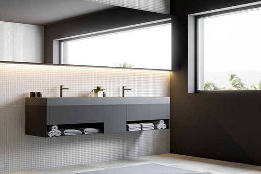 Beige mosaic wall bathroom, double sink side view