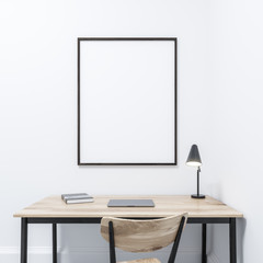 White home office, framed poster minimalism