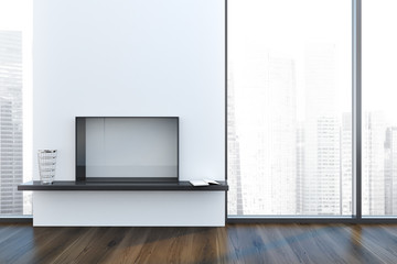 Empty loft living room, white fireplace