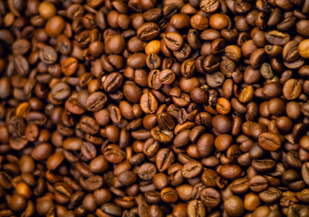Background of natural coffee beans, clean food choice, close-up, copy space,flat lay