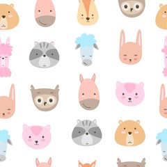 Cute animals. Pattern of hand drawn smiling characters. Cartoon zoo. Cat, lama, horse, raccoon, sheep, owl, rabbit, squirrel and bear. Vector illustration.