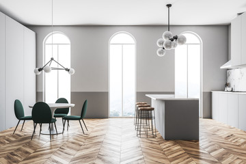 Gray kitchen interior arched windows bar side
