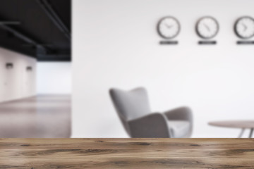 White wall office lobby with clocks close up blur