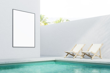 Resort pool near a white wall, side view, poster
