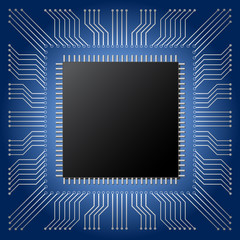 illustration vector of black microchip with copy space on blue mainboard circuit background