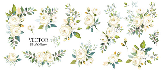 Set of floral branch. Flower white rose, green leaves. Wedding concept. Floral poster, invite. Vector arrangements for greeting card or invitation design background