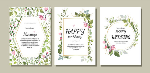 Fototapeta na wymiar botanic card with wild flowers, leaves. Spring ornament concept. Floral poster, invite. Vector layout decorative greeting card or invitation design background. Hand drawn illustration