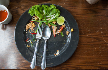 Black dirty dish after eating,Eat all in black dish,Very hungry on meal time,Mission complete for eating time