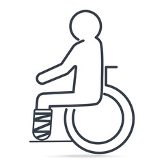 Injury man in bandage sitting on wheelchair icon. Medical sign simple line icon illustration