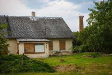 Fototapeta na wymiar old abandoned country house put up for sale,stork nest with birds