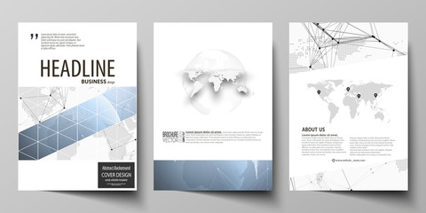 The vector illustration of the editable layout of three A4 format modern covers design templates for brochure, magazine, flyer, booklet. World globe on blue. Global network connections, lines and dots