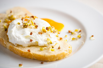 egg Benedict on a slice of fresh white bread