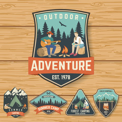 Set of Summer camp badges on the wood board. Vector.