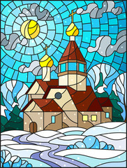 Illustration in stained glass style with Church on the background of winter landscape, a Church on the background of the Sunny sky and snows