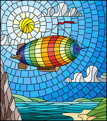 Naklejki  Illustration in stained glass style with a rainbow airship flying over a plain with a lake on a background of mountains, cloudy sky and sun