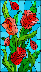 Naklejki  Ilustracja w stylu witrażu z bukietem czerwonych tulipanów na niebieskim tle
