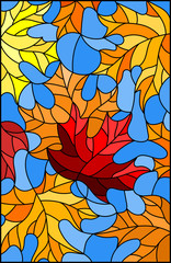 Illustration in stained glass style with colorful leaves on blue background 