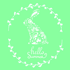 Fototapeta na wymiar Vector hand drawn lettering hello summer with decorated bunny silhouette in frame with twigs white on green background