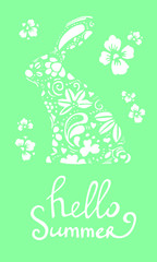 Vector hand drawn lettering hello summer with decorated bunny silhouette and flowers white on green background