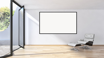 Modern bright interiors apartment with mockup poster frame 3D rendering