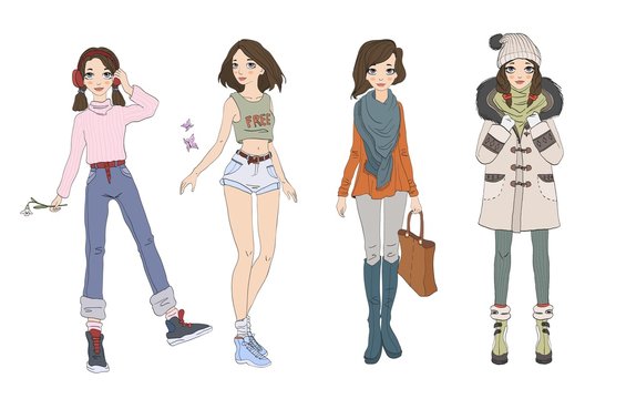 Cute teenage girl in different seasons outfits. Dresses for four seasons. Set of characters. Vector illustration. Isolated on white background.