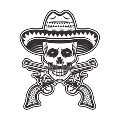 Mexican bandit skull in sombrero hat illustration