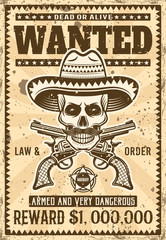 Mexican bandit skull in sombrero wanted poster