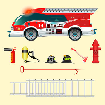 Fire Truck. Creative view. Fire extinguisher, a balloon with air, a helmet, a water tap, a hook, a ladder. Vector illustration