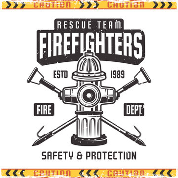 Firefighter vector retro emblem with fire hydrant