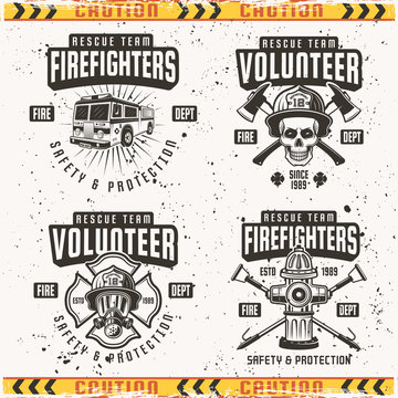 Firefighters set of four vector emblems or labels