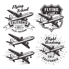 Flying school vector emblems with airplane