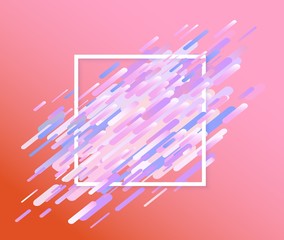 Glitched background with abstract colorful shapes and stripes and white square frame. Modern design abstract element with effect of computer screen error and bug, vector illustration.